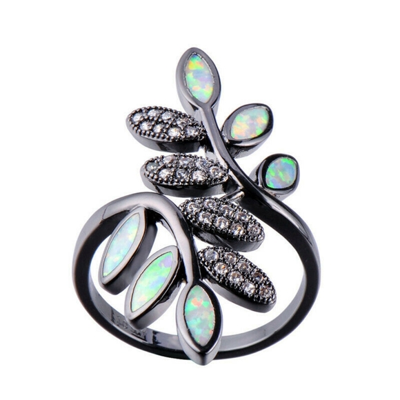 Black Gold Filled White Opal Leaf Ring - Picture 1 of 5